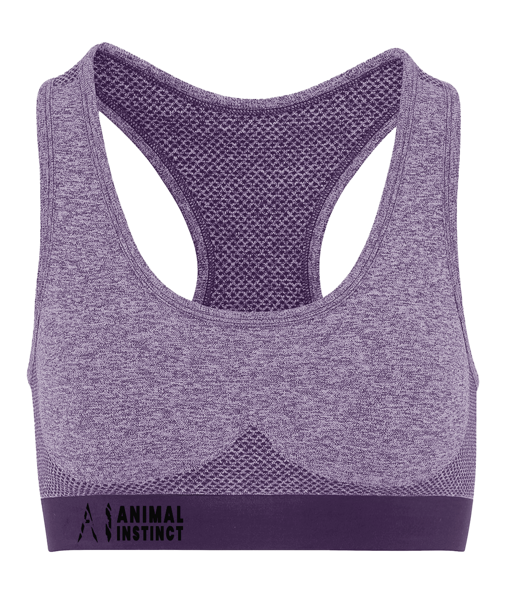 Womens purple Athletic Seamless Sports Bra with Black AI logo on the left of bottom strap with Animal instinct