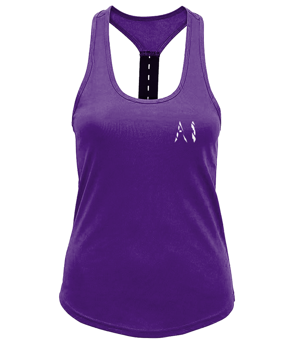 Womens purple Workout Performance Strap Back Vest with White AI logo on left breast