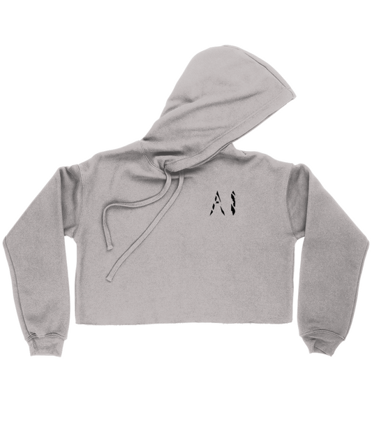 Womens light grey ]Cropped Raw Edge Hoodie with black AI logo on the left breast