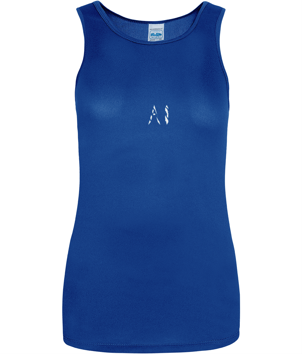 Womens blue Workout Sports Vest with white AI logo in centre chest