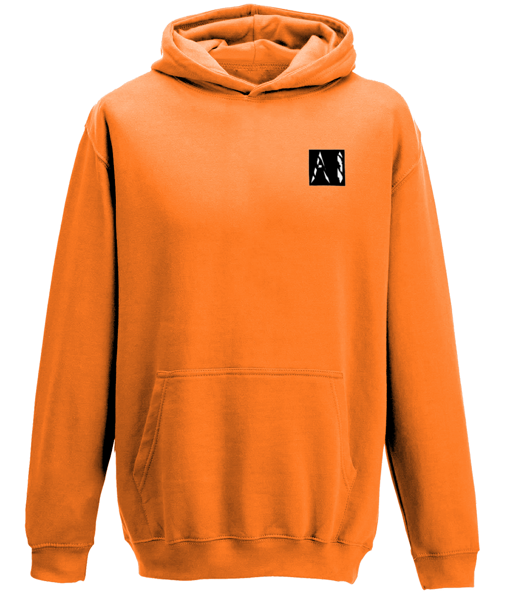 Animal Instinct Signature Box Logo Orange Hoodie with white AI logo within a black box located on the left chest