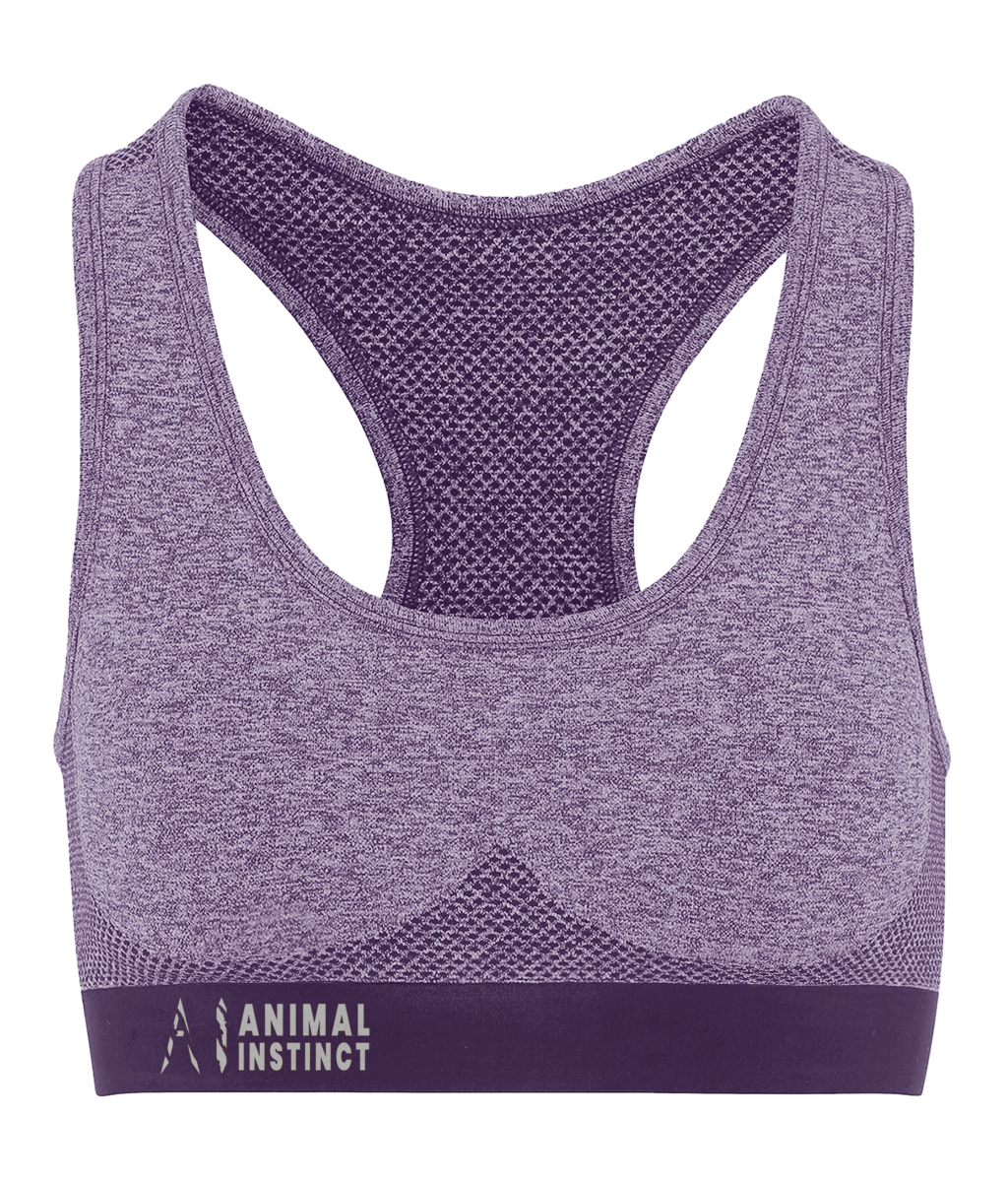 Womens purple Athletic Seamless Sports Bra with White AI logo on the left of bottom strap with Animal instinct