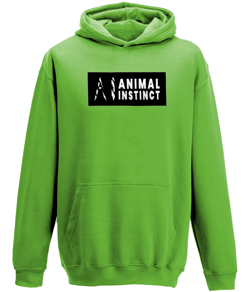 AI Clothing Animal Instinct Lime Green Hoodie with Black Box and White Writing with White AI Logo