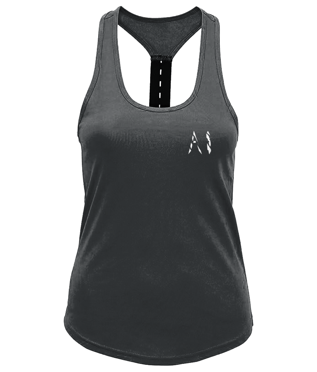 Womens charcoal Workout Performance Strap Back Vest with White AI logo on left breast