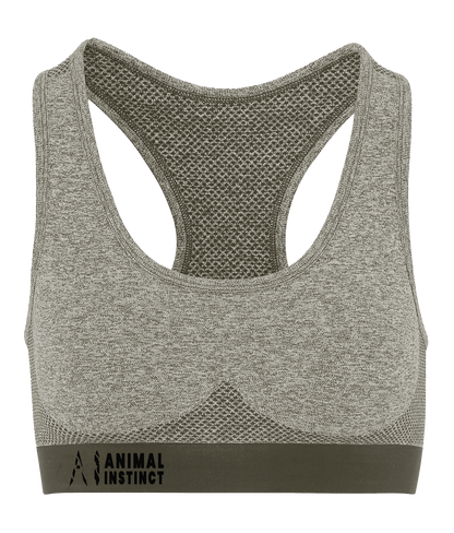 Womens beige Athletic Seamless Sports Bra with Black AI logo on the left of bottom strap with Animal instinct