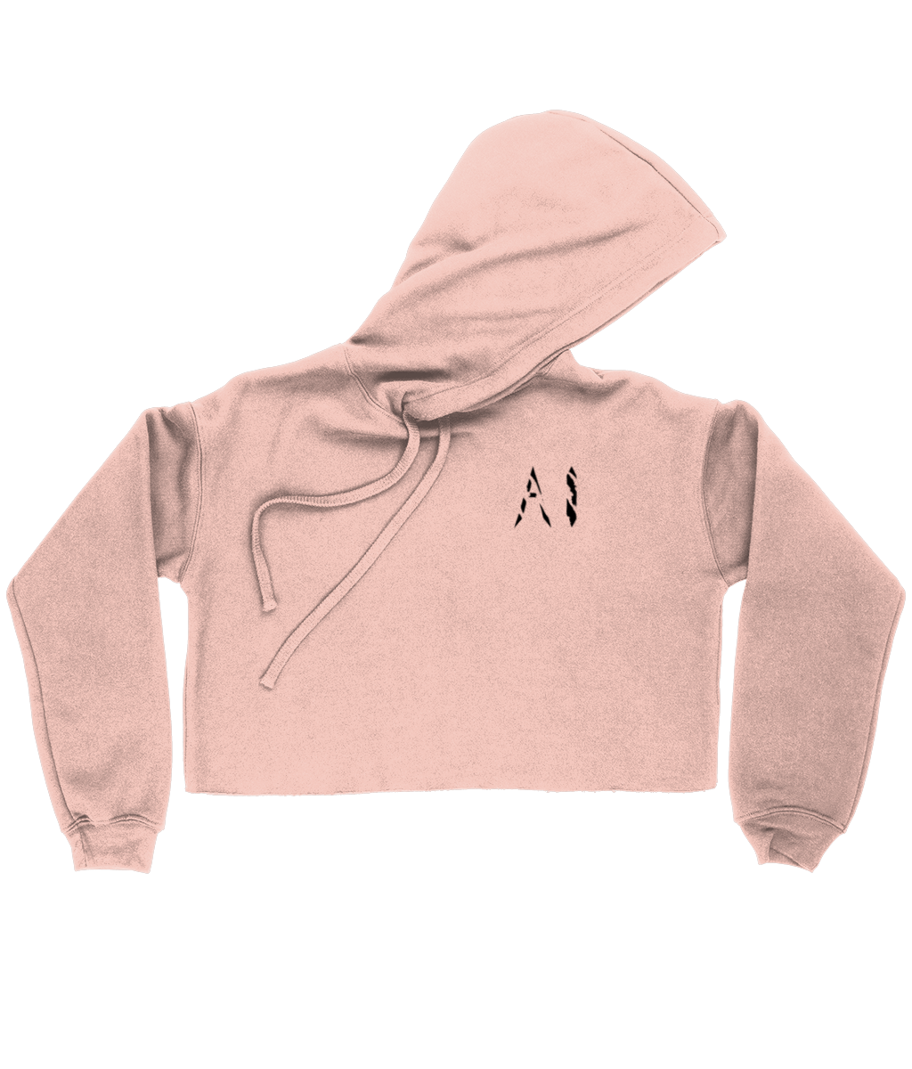 Womens beige Cropped Raw Edge Hoodie with black AI logo on the left breast