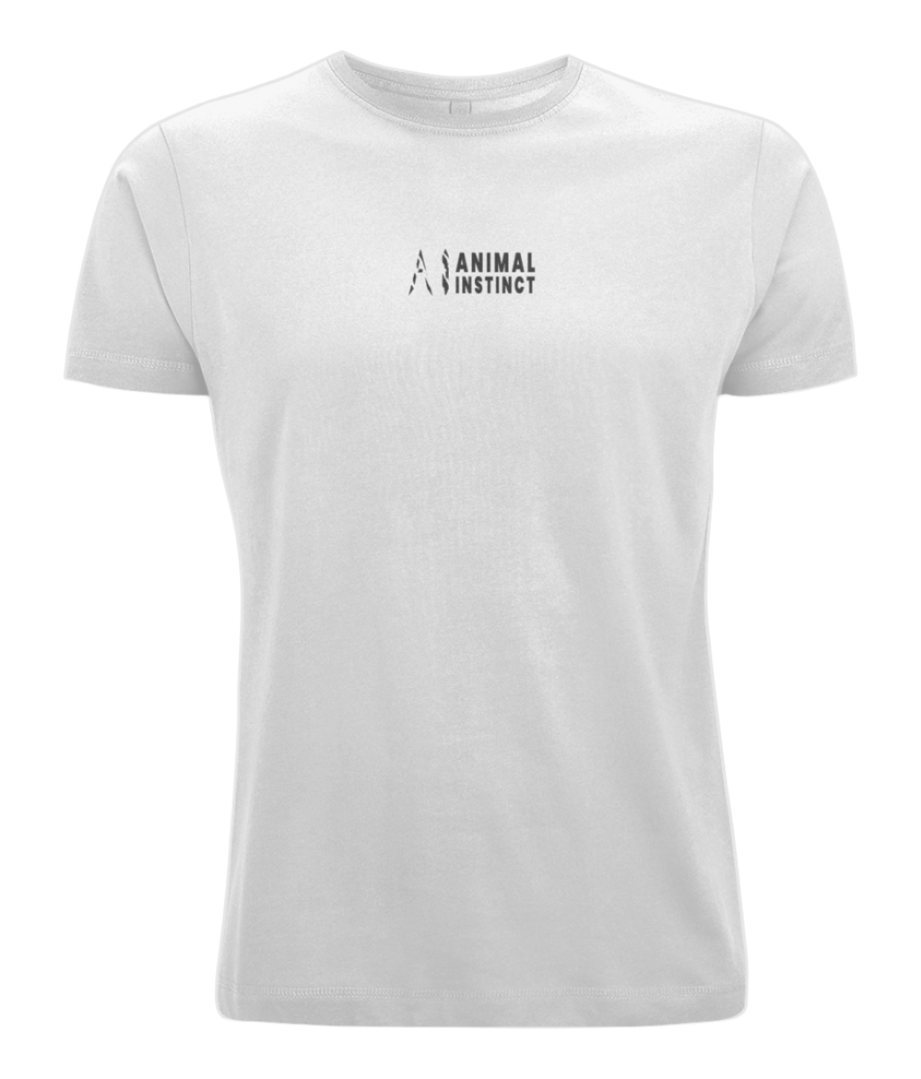 AI Oversized Pump Cover T-Shirt in white with black AI logo and animal instinct in writing located in the centre of the chest