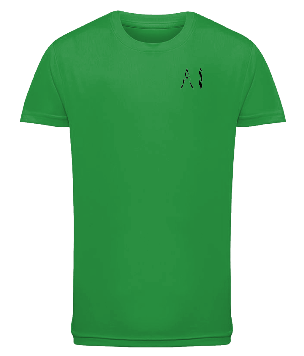 Green Kids Athletic Performance Sports Top with black AI logo on the left chest