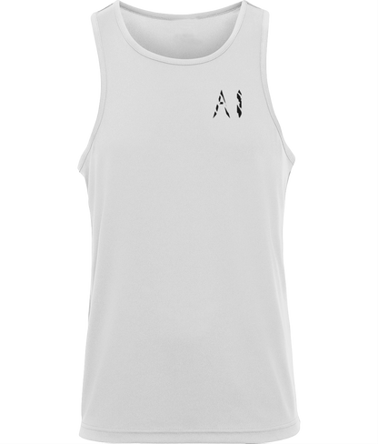 Mens White Workout Sports Vest with black AI logo written on the left chest