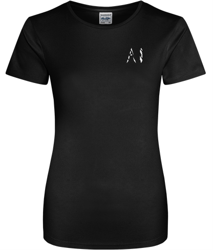 Womens black Athletic Sports Shirt with White AI logo on left breast