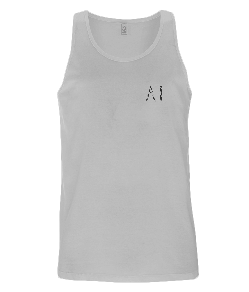 Mens light grey Workout Tank top with black AI logo written on the left chest 