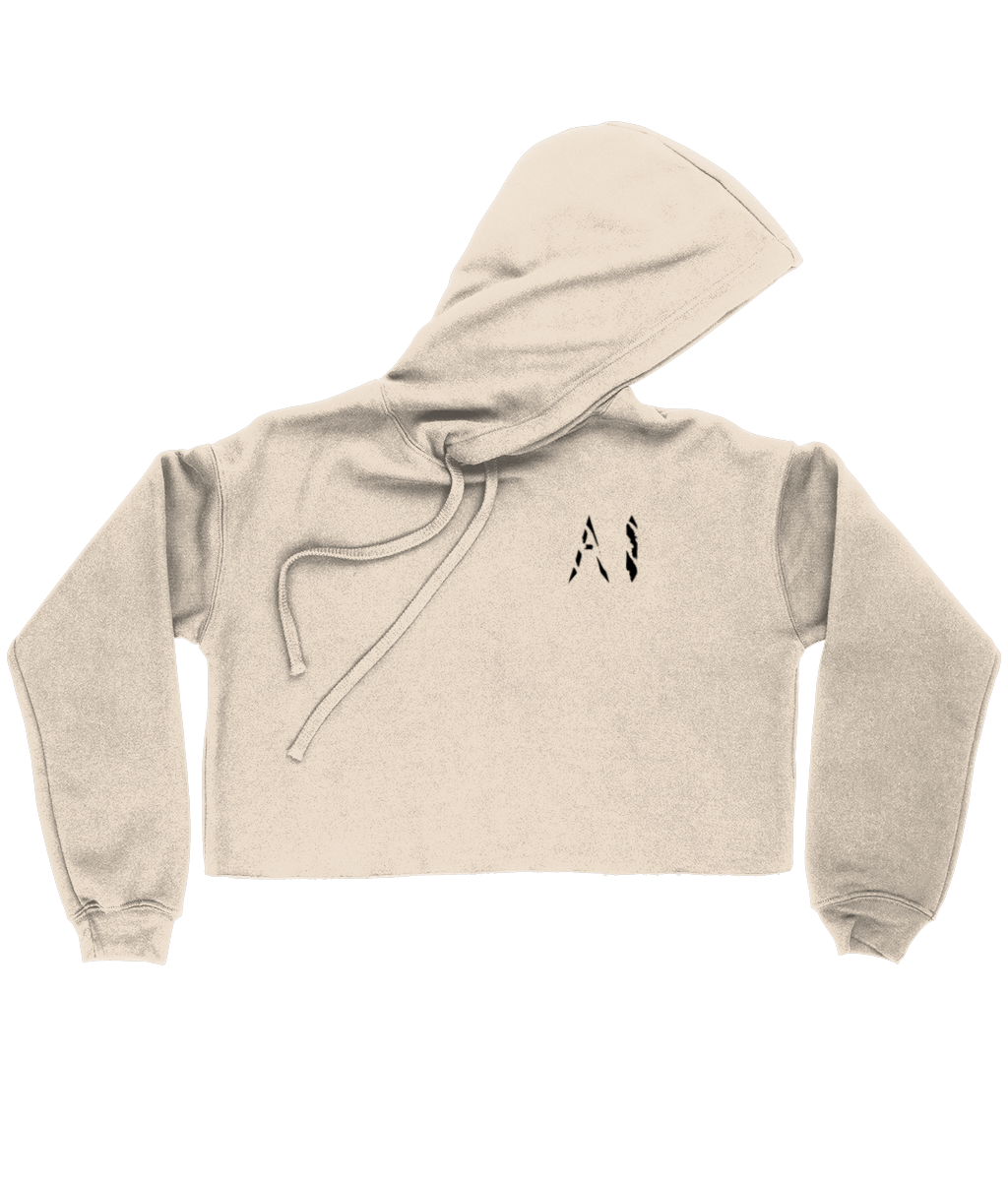 Womens white Cropped Raw Edge Hoodie with black AI logo on the left breast