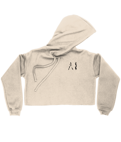 Womens white Cropped Raw Edge Hoodie with black AI logo on the left breast