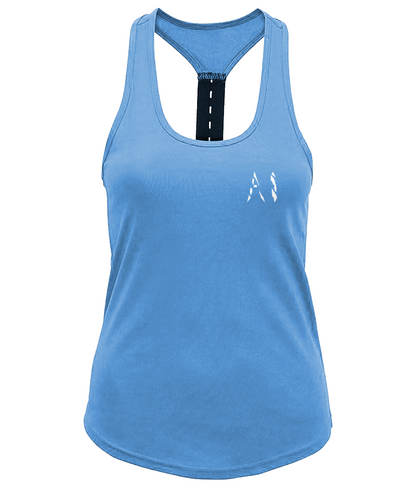 Womens blue Workout Performance Strap Back Vest with White AI logo on left breast