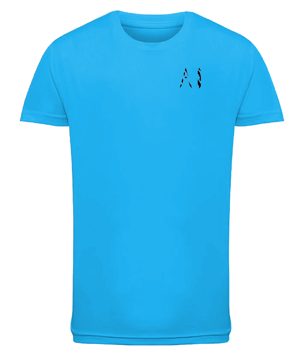 Blue Kids Athletic Performance Sports Top with black AI logo on the left chest