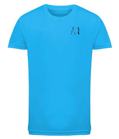 Blue Kids Athletic Performance Sports Top with black AI logo on the left chest