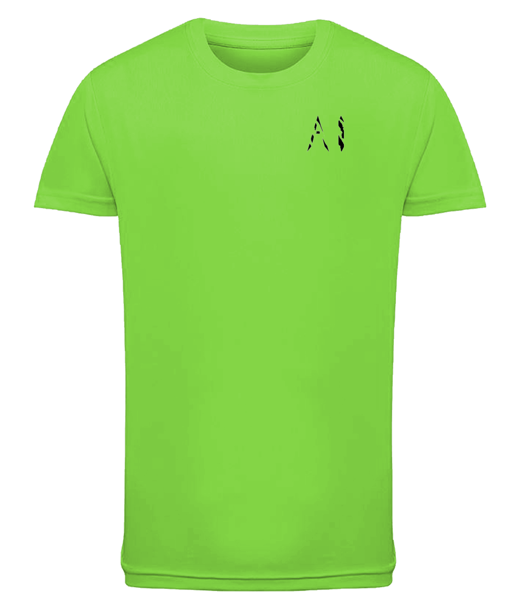 Lime green Kids Athletic Performance Sports Top with black AI logo on the left chest