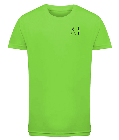 Lime green Kids Athletic Performance Sports Top with black AI logo on the left chest