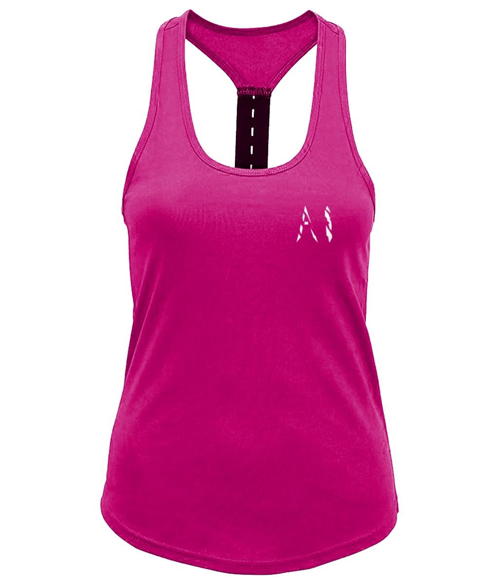 Womens magenta Workout Performance Strap Back Vest with White AI logo on left breast