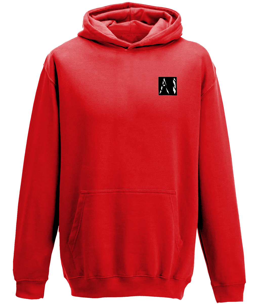 Animal Instinct Signature Box Logo Red Hoodie with white AI logo within a black box located on the left chest