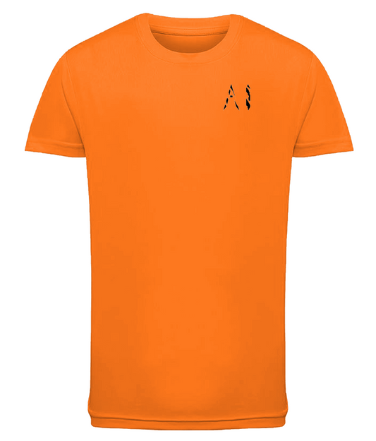 Orange Kids Athletic Performance Sports Top with black AI logo on the left chest