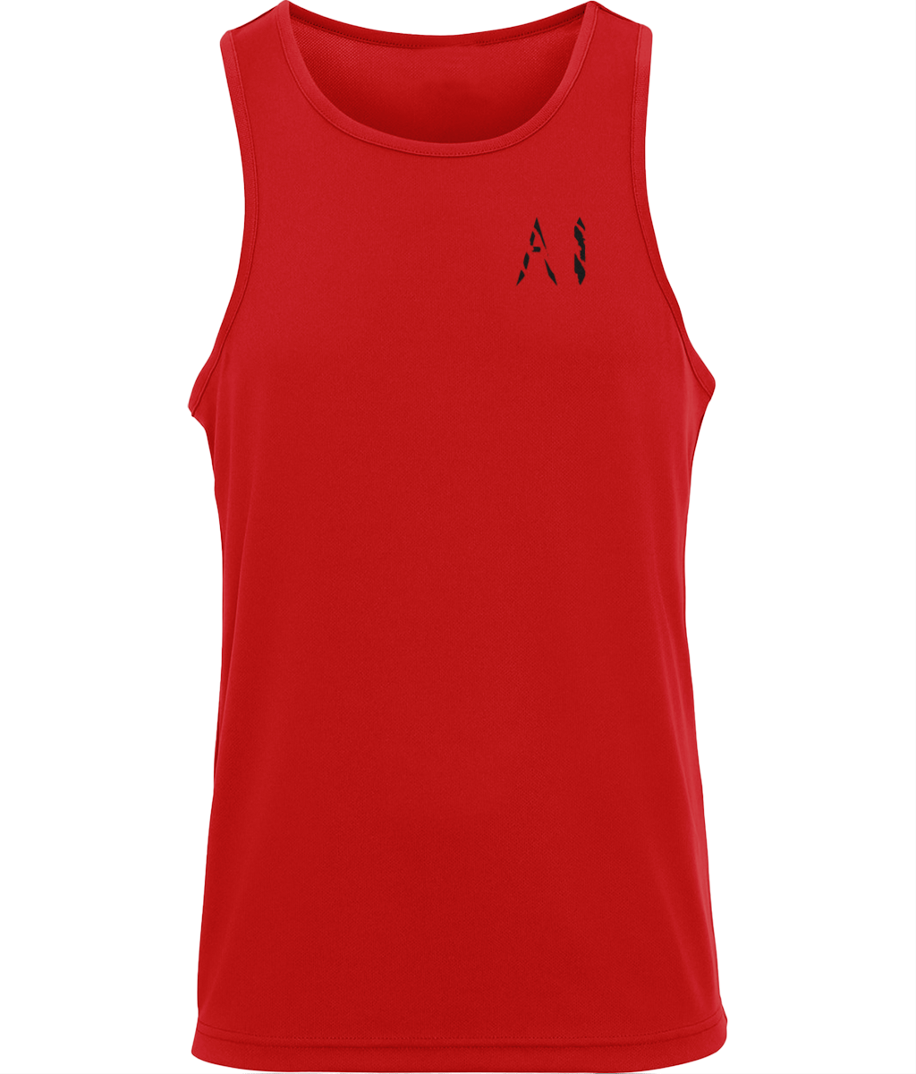 Mens Red Workout Sports Vest with black AI logo written on the left chest