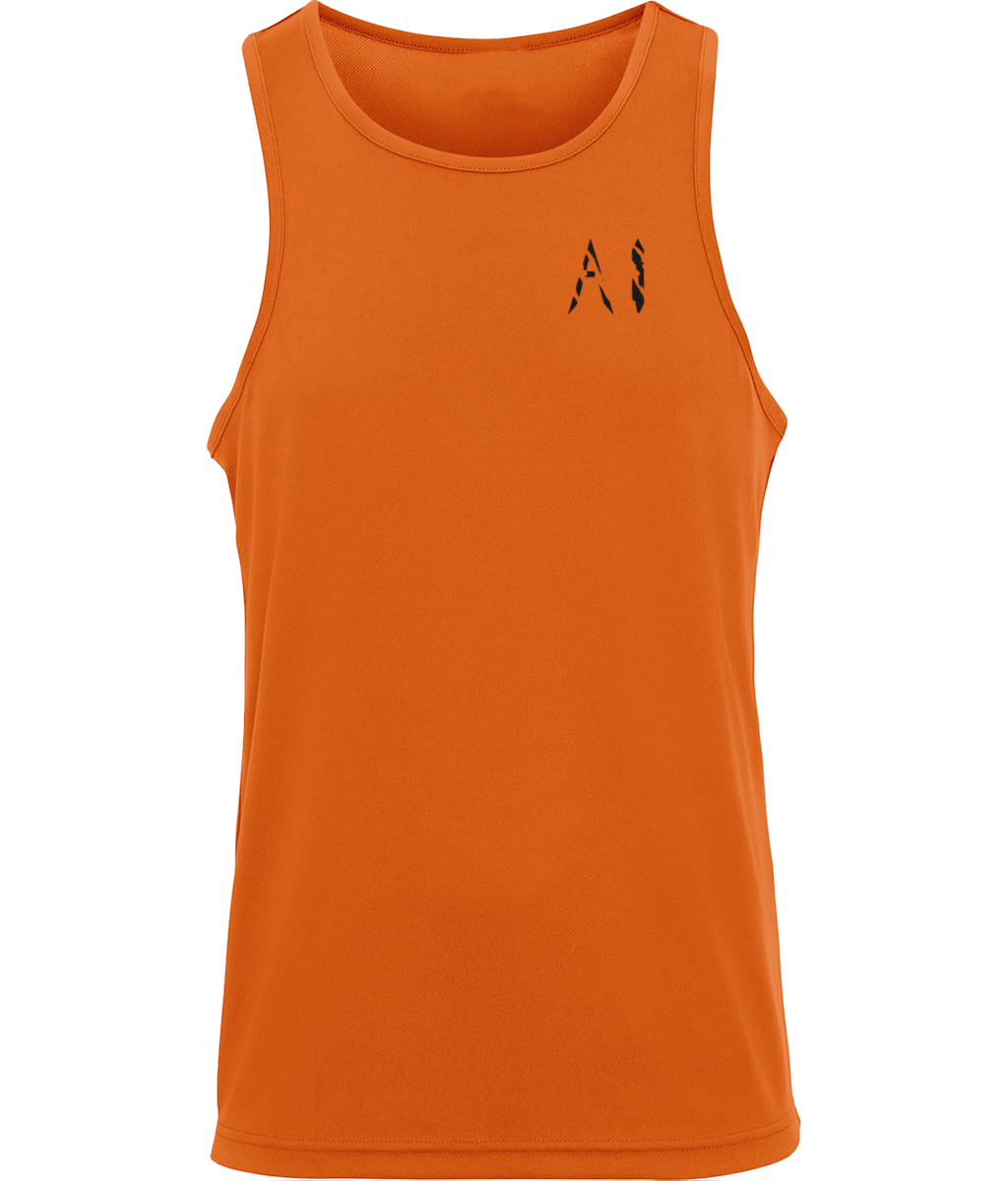 Mens Orange Workout Sports Vest with black AI logo written on the left chest