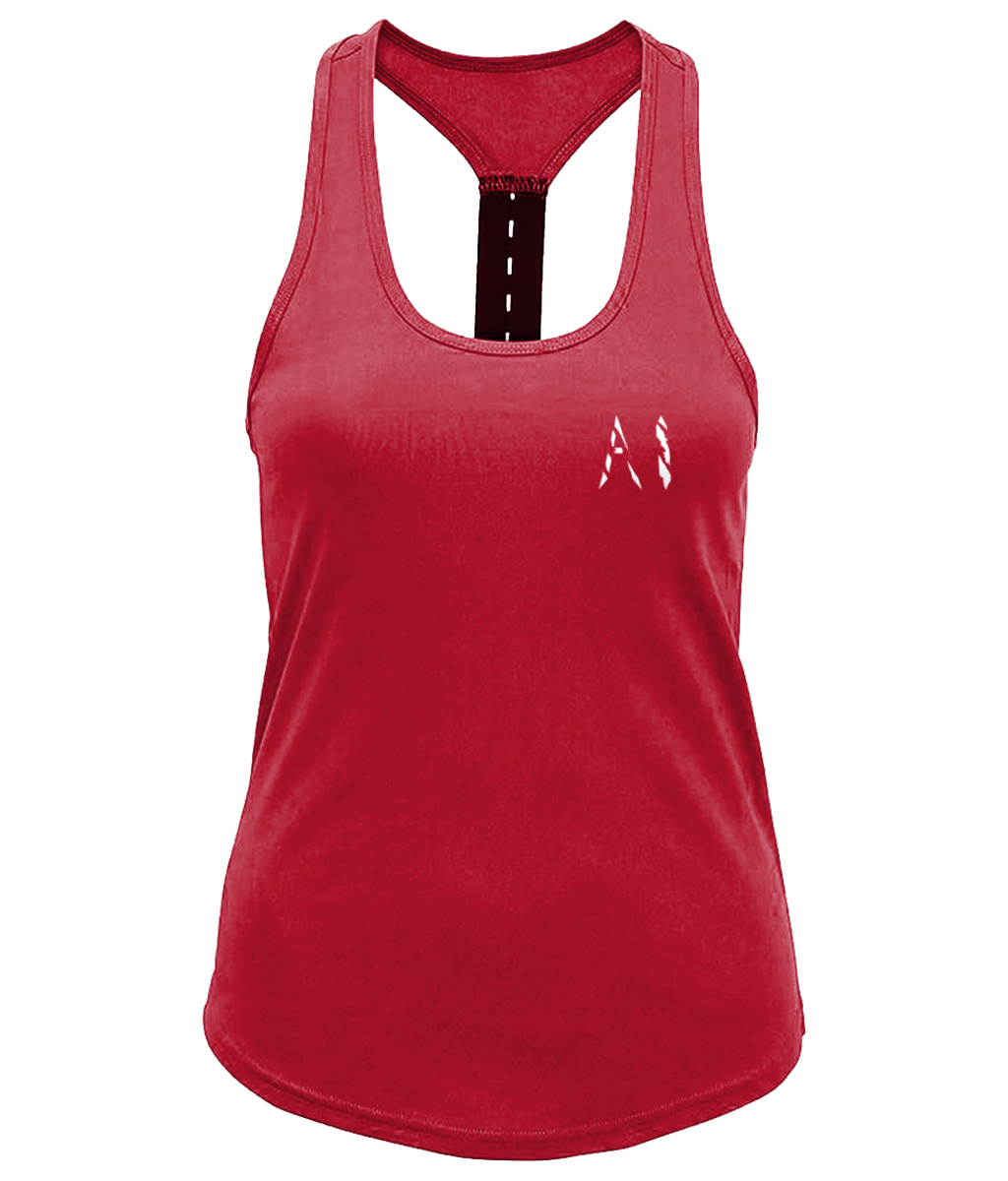 Womens Red Workout Performance Strap Back Vest with White AI logo on left breast