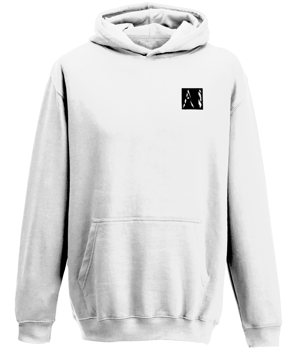 Animal Instinct Signature Box Logo White Hoodie with white AI logo within a black box located on the left chest