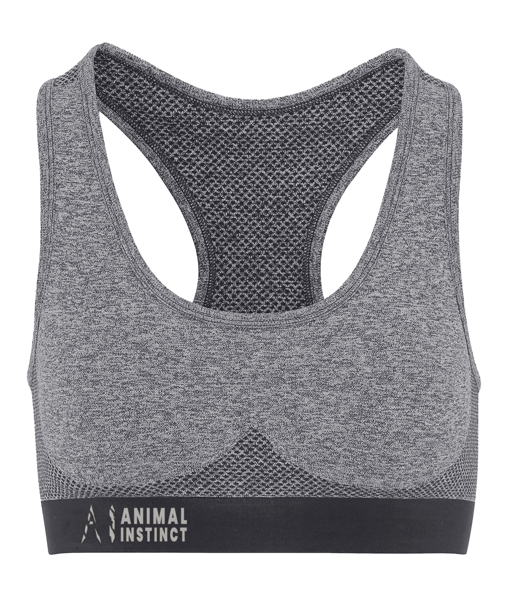 Womens black Athletic Seamless Sports Bra with White AI logo on the left of bottom strap with Animal instinct