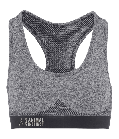 Womens black Athletic Seamless Sports Bra with White AI logo on the left of bottom strap with Animal instinct