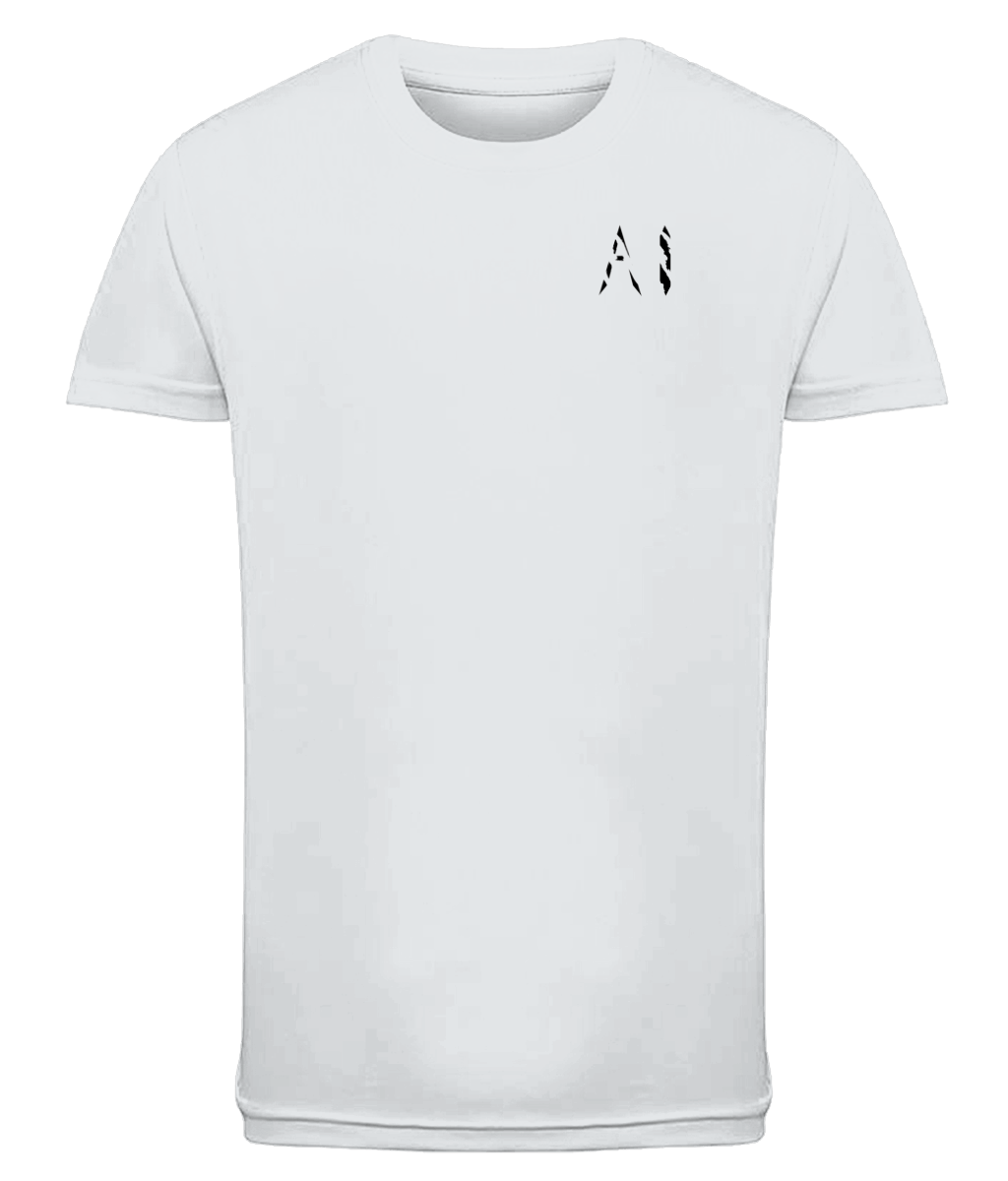 White Kids Athletic Performance Sports Top with black AI logo on the left chest