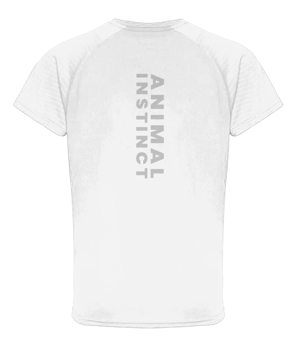 Mens White Embossed Sleeve Premium T-Shirt with Animal Instinct written in bold vertically down the spine on the back of the shirt