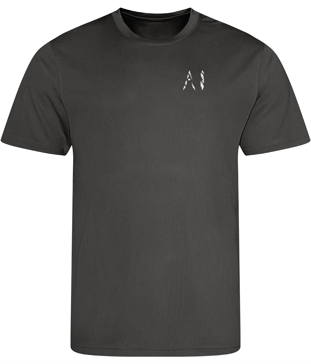 Kids charcoal Athletic Sports Shirt with white AI logo on the Left chest