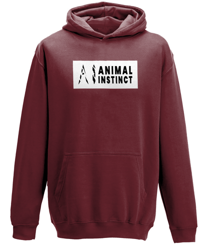 AI Clothing Animal Instinct Dark Brown Hoodie with White Box and Black Writing with Black AI Logo