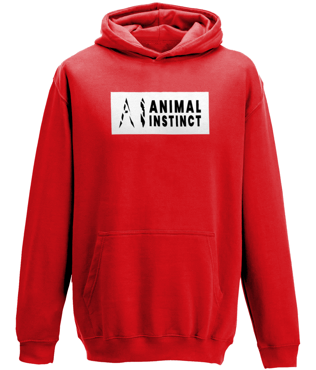 AI Clothing Animal Instinct Dark Red Hoodie with White Box and Black Writing with Black AI Logo