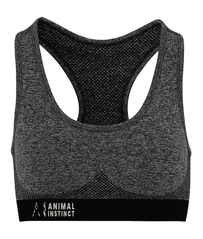 Womens black Athletic Seamless Sports Bra with White AI logo on the left of bottom strap with Animal instinct