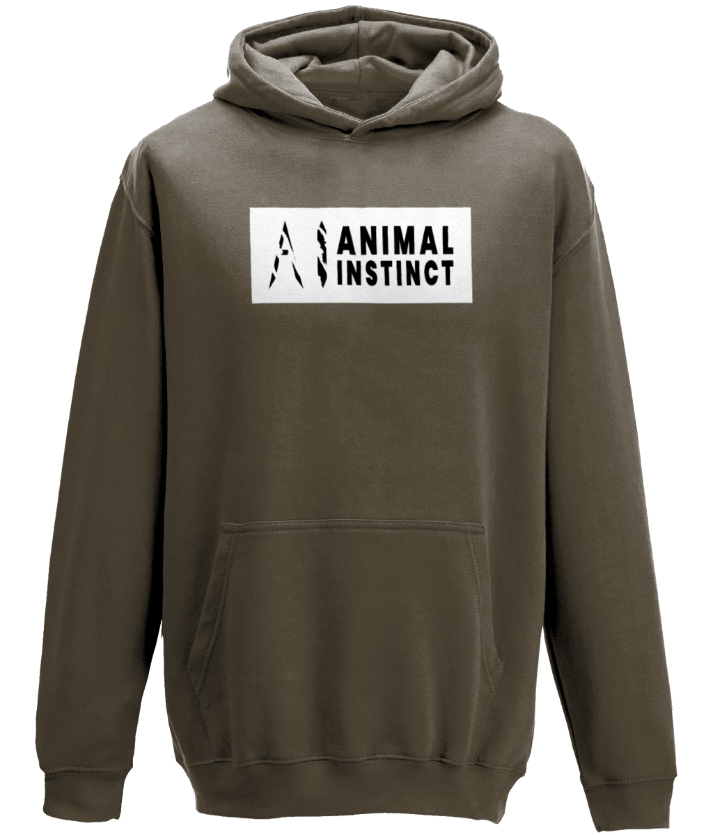 AI Clothing Animal Instinct Black Hoodie with White Box and Black Writing with Black AI Logo