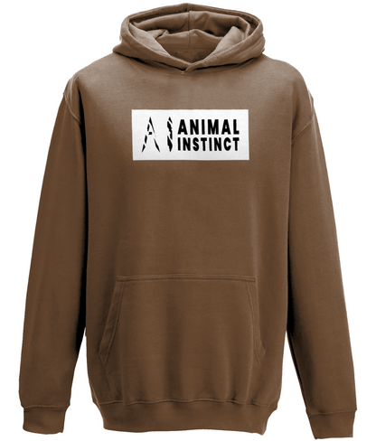 AI Clothing Animal Instinct Dark Brown Hoodie with White Box and Black Writing with Black AI Logo