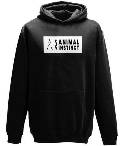 AI Clothing Animal Instinct Black Hoodie with White Box and Black Writing with Black AI Logo