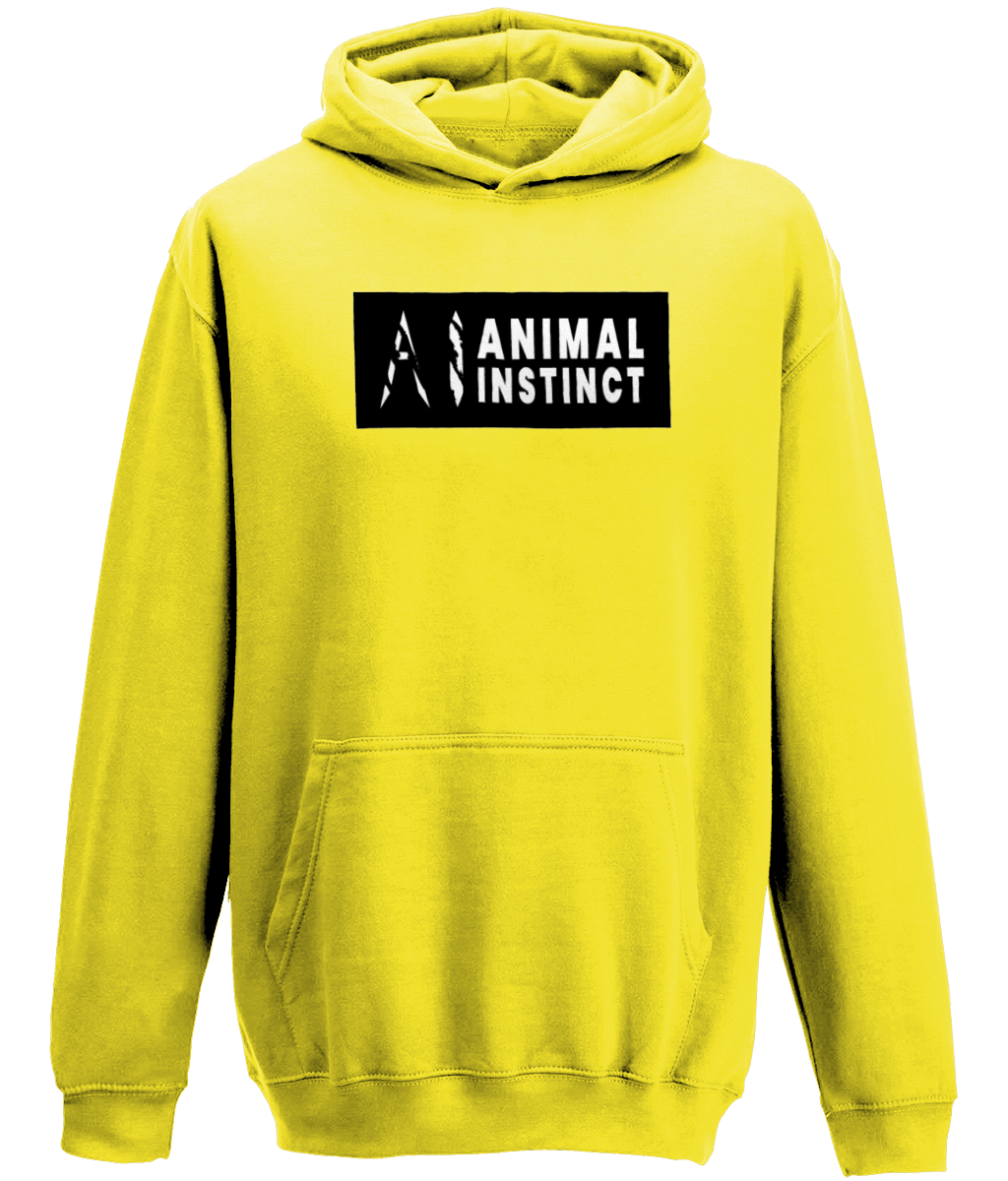 AI Clothing Animal Instinct Yellow Hoodie with Black Box and White Writing with White AI Logo