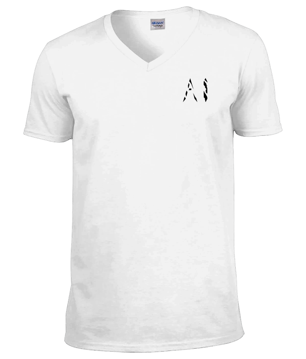 Mens white V Neck T-Shirt with black AI logo located on the left chest