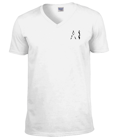 Mens white V Neck T-Shirt with black AI logo located on the left chest