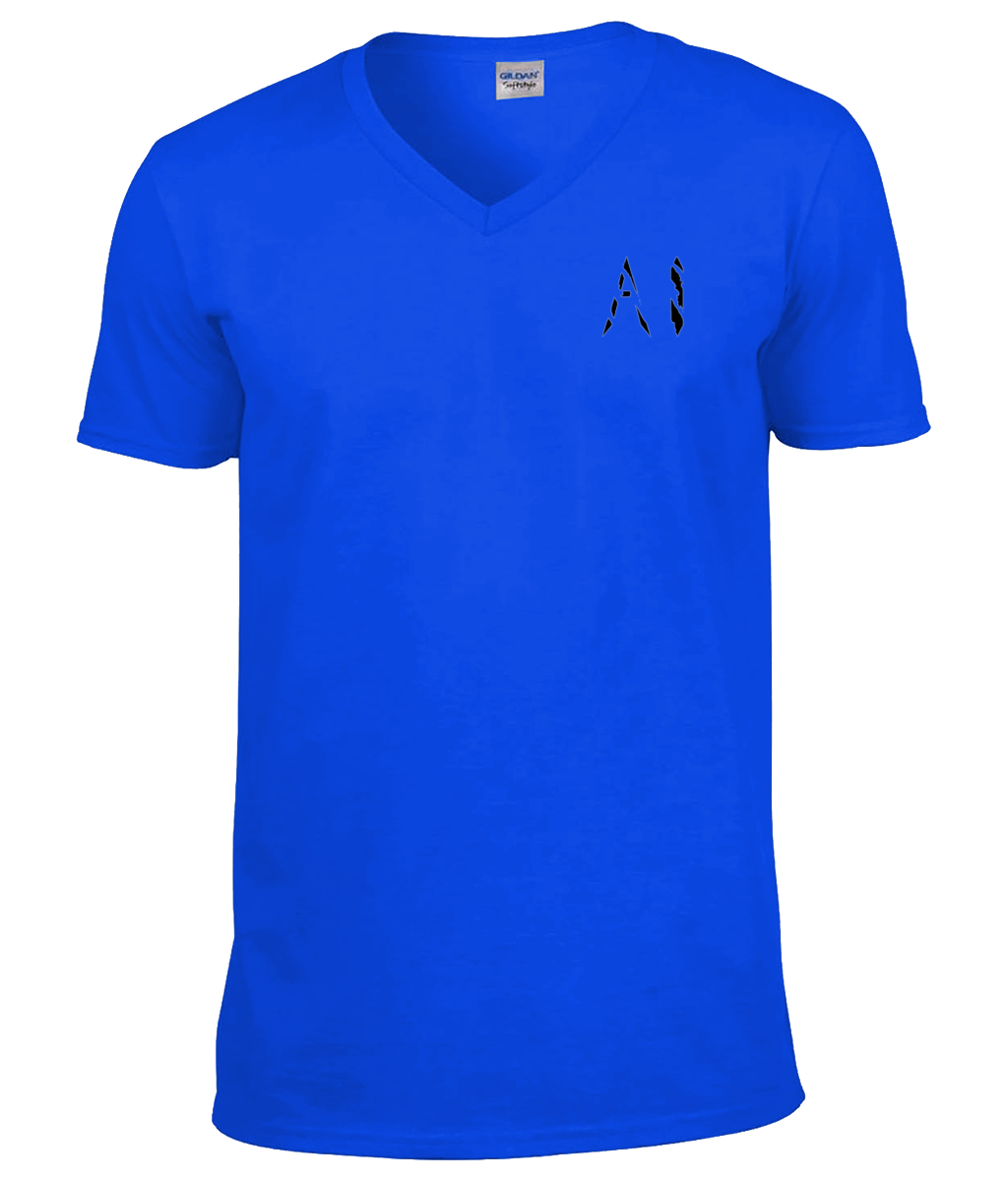 Mens dark blue V Neck T-Shirt with black AI logo located on the left chest