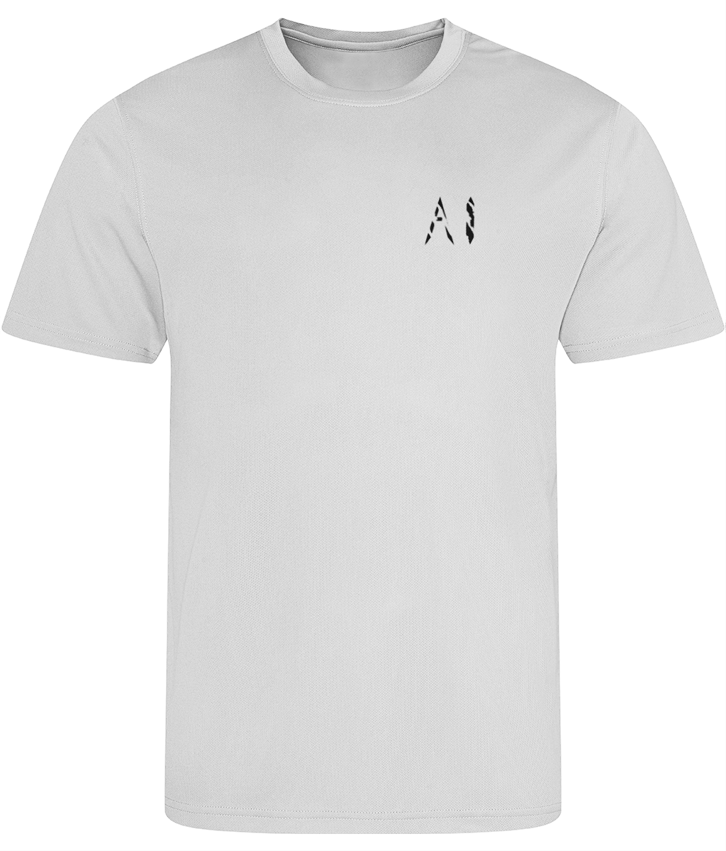 Mens white Athletic Sports Shirt with black AI logo on the left chest