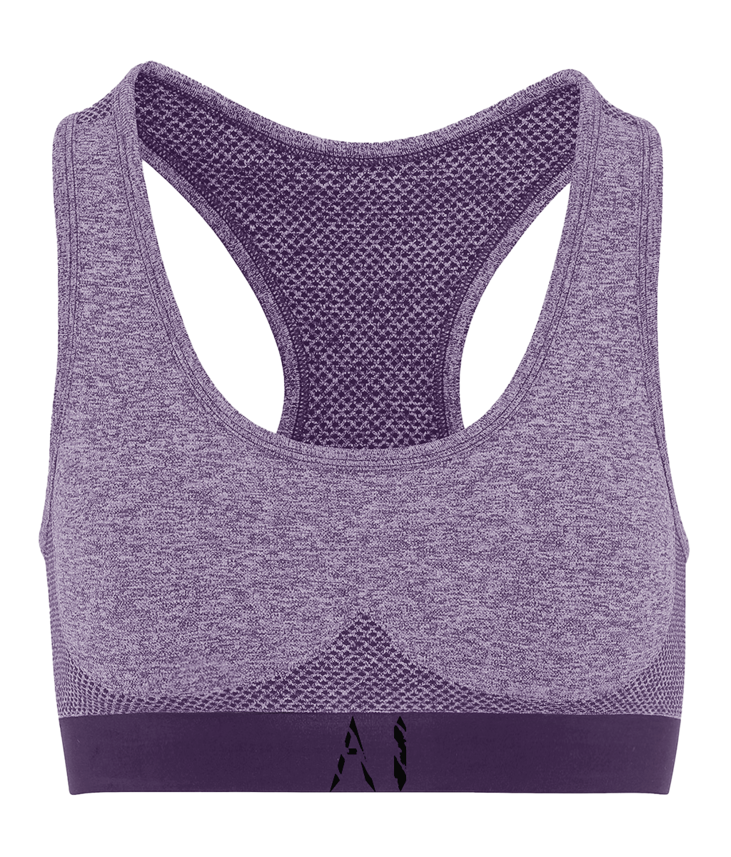 Womens purple Athletic Seamless Sports Bra with Black AI logo on bottom strap