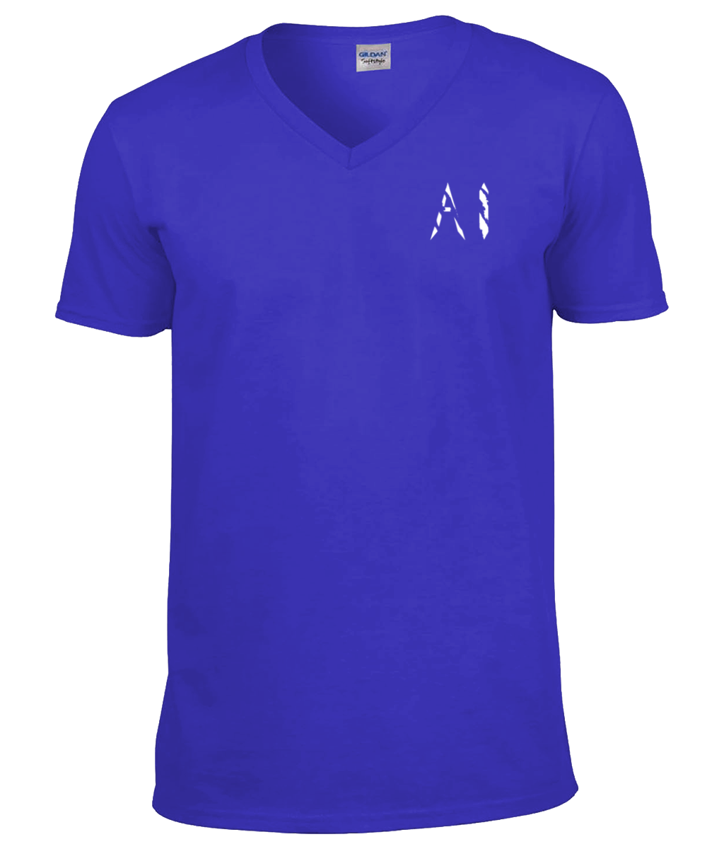 Mens dark blue V Neck T-Shirt with white AI logo located on the left chest