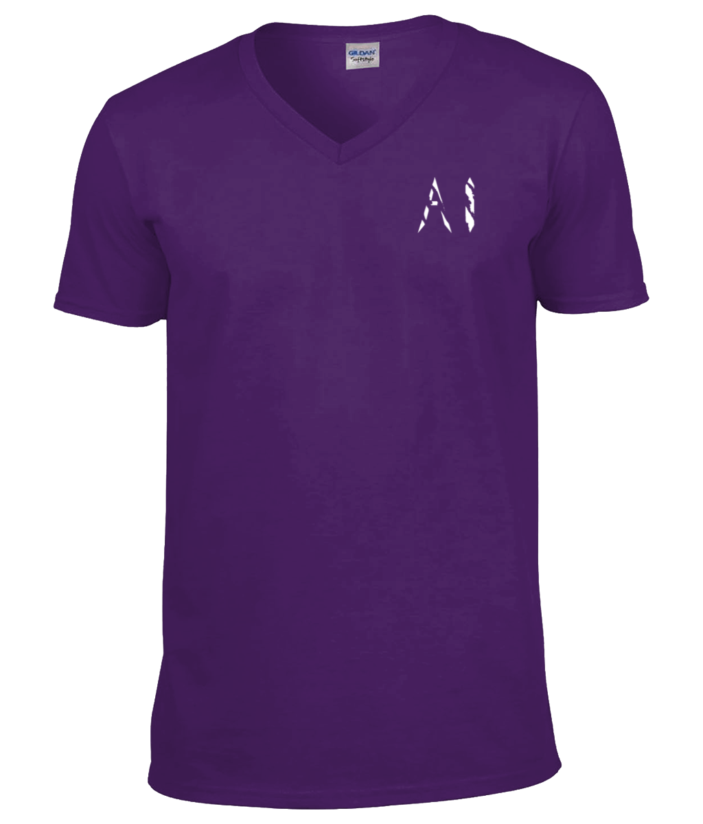 Mens purple V Neck T-Shirt with white AI logo located on the left chest