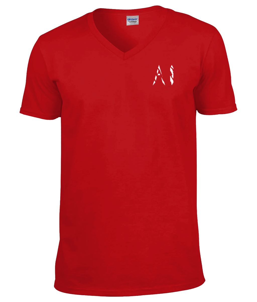 Mens red V Neck T-Shirt with white AI logo located on the left chest