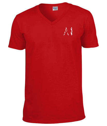 Mens red V Neck T-Shirt with white AI logo located on the left chest